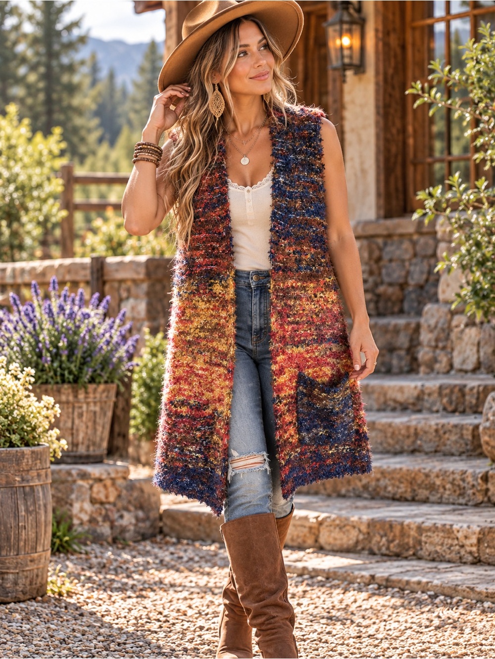Coldwater Creek Multi-Color Fuzzy Knit Long Vest - Women | Size XS - Medium